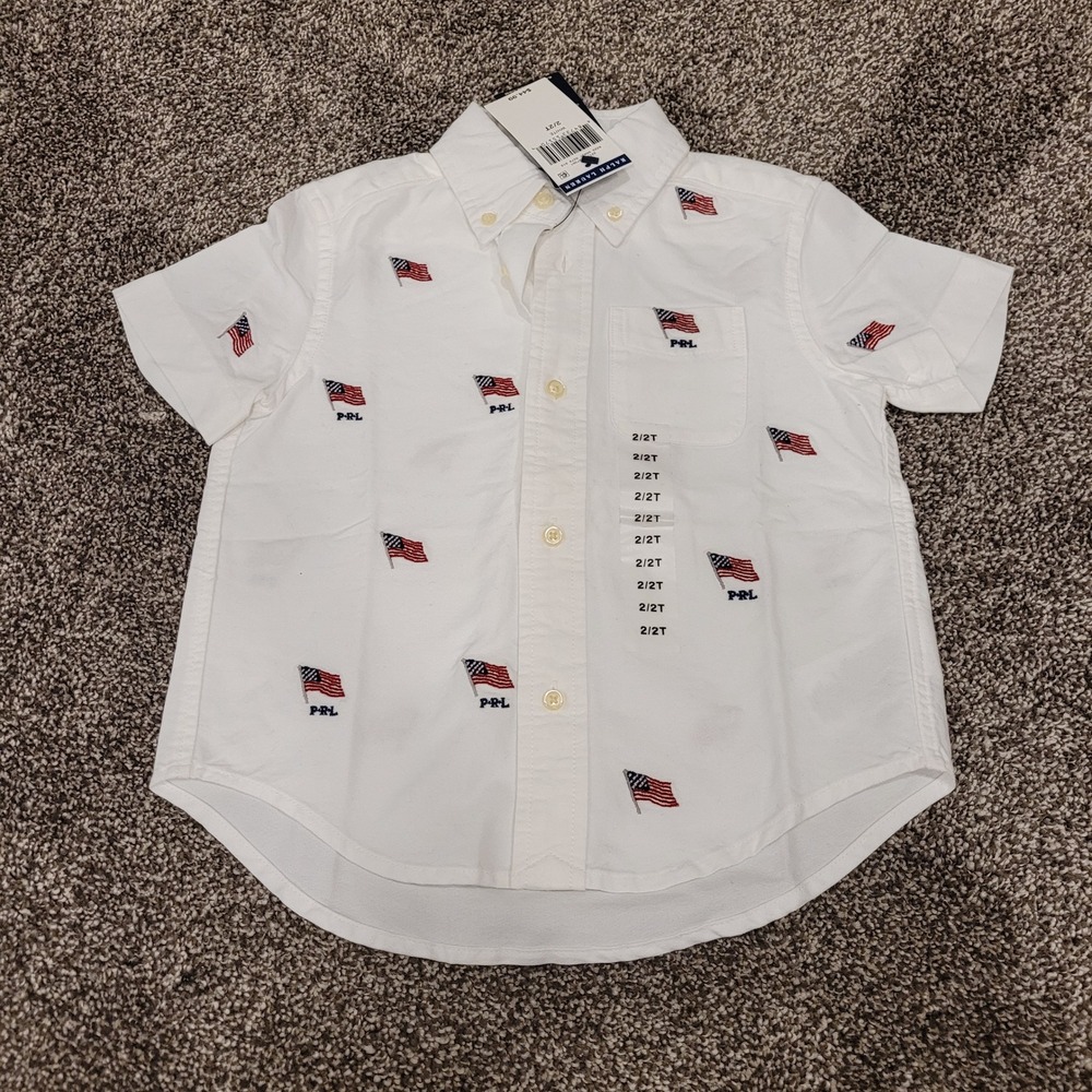 Ralph Lauren Toddler Boys White American Flag Embroidered Oxford Shirt 2T NEW